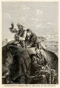 ركوب باسيبارتوتز غير المستقر على ظهر الفيل ، من حول العالم في ثمانين يومًا بواسطة جول فيرن (1828-1905) الذي انغمس فيه أدولف فرانسوا بانيميكر (1822-1900) 1873