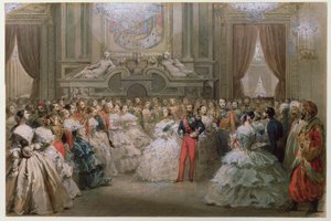 الملكة فيكتوريا (1819-1901) والأمير ألبرت (1819-61) في حفل عشاء أقامه نابليون الثالث وأوجين ، 1853 (مرحاض على ورق) بواسطة هيبوليت لويس باوكيه