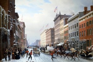 شارع من مانهاتن إلى نيويورك في عام 1840 لوحة رسمها هيبوليت فيكتور فالنتين سيبرون (1801-1879) 1840 صن. 2.25 × 3.30 م بليرانكور. متحف فرانكو أمريكان - شارع في مانهاتن ، نيويورك