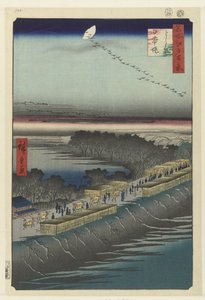 منظر لسد نيهون في يوشيوارا Yoshiwara Nihonzutsumi (العنوان على الكائن) مائة منظر مشهور لإيدو (عنوان المسلسل) ميشو إيدو هياكي (عنوان المسلسل على الكائن) بواسطة هيروشيغي (أنا)، أوتاغاوا