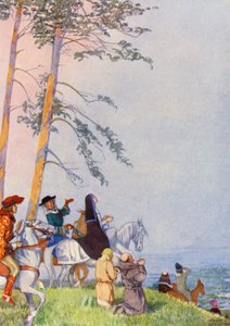 أول مشهد للحجاج في كانتربري (طباعة حجرية ملونة)