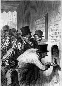 نافذة المسرح. كارتون من قبل هونور دومير (1808-1879). نقش في "" Le Monde Illustré "" رقم 269 بتاريخ 7 يونيو 1862. بواسطة الشرف دومييه