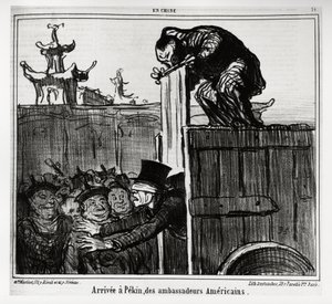 وصل إلى بيكين السفراء الأمريكيون. في سلسلة En Chine ، رسم إيضاحي من قبل Honore Daumier (1808-1879) ، نُشر في "" Charivari "، بتاريخ ١٣ أكتوبر ١٨٥٩. بواسطة الشرف دومييه