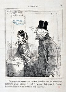 العمل الفني لـ Honore Daumier (1808-1879) Charivari: Serie FARIBOLES "" - يمكن أن تجد ذريعة صادقة لربط المحادثة مع هذا النموذج الشاب؟ ... آه! أنا هنا ... آنسة ، أحتاج إلى وضع الزهور على قبعتي! " متحف الفنون الجميلة - قصر لونج تشامب ، مارسييل بواسطة الشرف دومييه