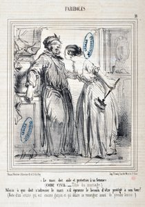 عمل فني من قبل Honore Daumier (1808-1879) Charivari: Serie FARIBOLES Le mari doit aide et protection a sa femme (القانون المدني - Title du mariage) "" - ولكن من يجب أن يخاطب الزوج إذا شعر بالحاجة إلى الحماية بدوره؟ (ملاحظة من قبل فنان لا يزال بواسطة الشرف دومييه