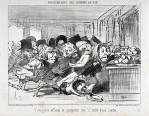 العمل الفني من قبل Honore Daumier (1808-1879) يعود تاريخ Charivari إلى 1852: Serie PHYONOMIES DES CHAIN DE FERR مسافرون جائعون يندفعون إلى بوفيه محطة MUSEE DES BEAUX ARTS - PALAIS LONGCHAMP ، مرسيل بواسطة الشرف دومييه