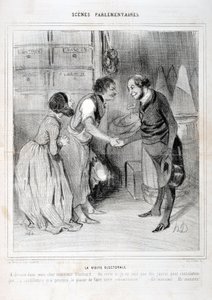 عمل فني من قبل هونور دومير (1808-1879). يعود تاريخ Charivari إلى عام 1843: Serie SCENES PARLIAMENTARY. زيارة الانتخابات. متحف الفنون الجميلة - قصر لونغ تشامب ، مارسيلي بواسطة الشرف دومييه