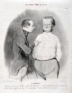 عمل فني من قبل هونور دومير (1808-1879). يعود تاريخ Charivari إلى عام 1845: Serie LES BEAUX DAYS DE LA VIE. البلوزة "" - سيدي ، لقد جعلت لك ارتداء أفضل ... مع قميص بطريقتي يمكنك تقديم نفسك في أي غرفة جلوس وسنكون دائمًا الأفضل أنا بواسطة الشرف دومييه