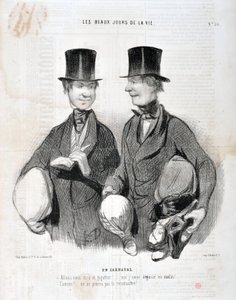 عمل فني من قبل هونور دومير (1808-1879). يعود تاريخ Charivari إلى عام 1845: Serie LES BEAUX DAYS DE LA VIE. في الكرنفال "" - دعونا نضحك و gigotte! سأصاب بخيبة أمل لأنني ذكية! مشهور! لا يمكننا التعرف عليك ... "متحف الفنون الجميلة - قصر لونغ تش بواسطة الشرف دومييه