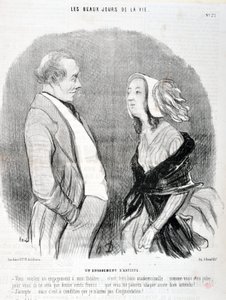 عمل فني من قبل هونور دومير (1808-1879). يعود تاريخ Charivari إلى عام 1845: Serie LES BEAUX DAYS DE LA VIE. التزام فنان "تريد التزاما بمسرحتي ... إنها ملكة جمال جيدة جدا ... كم أنت جميلة بالنسبة لك ، سيكون فقط 1200 فرنك ... بواسطة الشرف دومييه