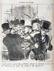 عمل فني من قبل هونور دومير (1808-1879). يعود تاريخ Charivari إلى عام 1852: Serie LE PUBLIC DU SALON - "" عندما يكون الصوت أربع ساعات. - لحظة جليلة أو يبدأ الصراع بين الزوار الذين قاموا بإيداع العصي والمظلات "" MUSEE DES BEAUX ARTS - PAL بواسطة الشرف دومييه