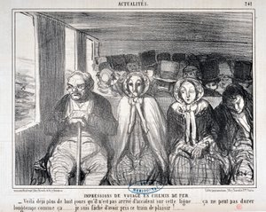 العمل الفني من قبل Honore Daumier (1808-1879) يعود تاريخ Charivari إلى عام 1855: Serie Actualites de voyage en railroad "" - هناك أكثر من ثمانية أيام لم يقع فيها حادث على هذا الخط ... لا يمكن أن يستمر طويلاً مثل ذلك. .. أنا آسف لركوب هذا القطار بواسطة الشرف دومييه