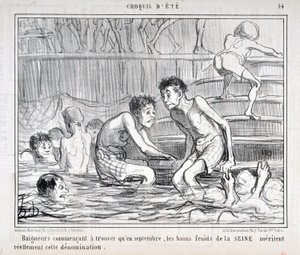 العمل الفني من قبل Honore Daumier (1808-1879) يعود تاريخ Charivari إلى عام 1858: بدأت Serie CRUQUIS D'ETE "" Baigneurs في العثور على أنه في سبتمبر ، كانت الحمامات الباردة في SEINE تستحق هذه التسمية "" "MUSEE DES BEAUX ARTS - PA بواسطة الشرف دومييه