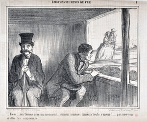 عمل فني من قبل Honore Daumier (1808-1879) يعود تاريخ Charivari إلى عام 1858: Serie Emotion EN Chemin de fer - "هنا ... زوجتي مع رجل ... ونحن على قدم وساق! ... لهم !! ... "متحف الفنون الجميلة - قصر لونغ تشامب ، المريخ بواسطة الشرف دومييه