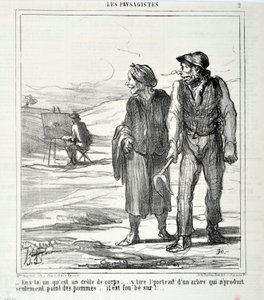عمل فني من قبل هونور دومير (1808-1879). يعود تاريخ Charivari إلى عام 1864: Serie LES LANDSAGISTS "" - في هذا الجسم المضحك ... يرسم صورة لشجرة لا تنتج التفاح فقط ... إنه مجنون بها! ... "متحف الفنون الجميلة - قصر لونج تشامب ، بواسطة الشرف دومييه