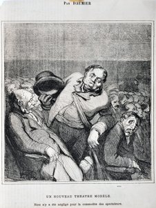 عمل فني من قبل هونور دومير (1808-1879). يعود تاريخ Charivari إلى عام 1864: Serie Sketches Taken at the Theatre نموذج مسرحي جديد. "لم يتم إهمال أي شيء لراحة المتفرجين" "MUSEE DES BEAUX ARTS - PALAIS LONGCHAMP ، MARSEILLE بواسطة الشرف دومييه