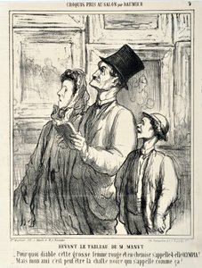 عمل فني من قبل Honore Daumier (1808-1879) يعود تاريخ Charivari إلى عام 1865: Serie CRUQUIS PAUIT AU SALON أمام لوحة لمانيه "" - لماذا الشيطان هذه المرأة الحمراء السمينة في قميص يسمى أولمبيا؟ - ولكن ربما صديقي القط الأسود يسمى ذلك؟ موس بواسطة الشرف دومييه