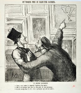 عمل فني من قبل هونور دومير (1808-1879). يعود تاريخ Charivari إلى عام 1865: Serie Sketches Taken at the Salon رسام غريب الأطوار. "هنا ، انظر كيف أفهم تأليه الشهيد ..." ولكن يمكنني رؤية قدمي شخصك فقط. - الرأس بالفعل في السماء بواسطة الشرف دومييه