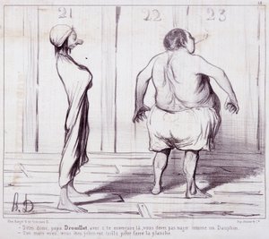 كارتون عن المظاهر. سلسلة "" السباحون ": أخبر أبي درويليت ..." نقش بقلم هونور دوميير (1808-1879). مقتطف من جريدة "لو شريفاري". خافت 25x36 سم. بوكس 12 مرسيليا ، متحف الفنون الجميلة ، قصر لونج تشامب ، مجموعة فنون الرسم البياني بواسطة الشرف دومييه