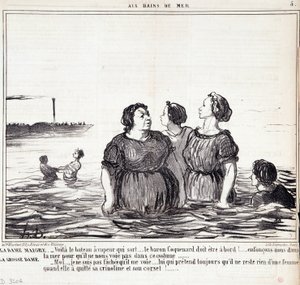كارتون عن المظاهر والموضة. سلسلة "" Les Bains de Mer "": "" السيدة النحيفة (...) ، السيدة البدينة (...) "نقش بواسطة Honore DAUMIER (1808-1879). مقتطف من جريدة "Le Charivari" في 16 سبتمبر بواسطة الشرف دومييه