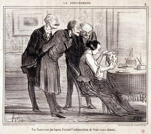 كارتون عن جامعي الفن. سلسلة "" Potichomania ":" "مزهرية مزيفة من اليابان تحفل بثلاثة صينيين." نقش هونور داوميير (1808-1879). مقتطف من جريدة "Le Charivari" " بواسطة الشرف دومييه