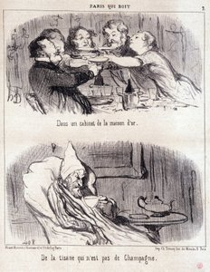 كارتون عن إساءة تذوق الطعام. Serie "" Paris Qui Drinks ":" "في خزانة من House d'or. شاي أعشاب ليس شمبانيا ". نقش هونور داوميير (1808-1879). مقتطف من جريدة "Le Charivari" في 4 يونيو بواسطة الشرف دومييه