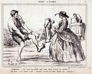 رسم كاريكتوري عن الحاصدين يدوسون على عنب حافي القدمين. Serie "" Autumn Sketch ":" "كيف ... هل ستعصر العنب بقدميك؟ ... "نقش بواسطة Honore DAUMIER (1808-1879). مقتطف من جريدة "Le Charivari" " بواسطة الشرف دومييه
