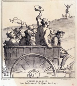 كارتون عن الصيادين. مسلسل "Autumn Sketch: افتتاح الصيد ، تم الإبلاغ عن طائرتين في البلاد" ، من جريدة "Le Charivari" بواسطة الشرف دومييه