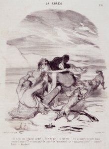 كارتون عن الصيادين. سلسلة "" أيام الحياة الجميلة - الصيد ":" "أقول لك إنني تركته يغادر ..." نقش بقلم Honore DAUMIER (1808-1879). مقتطف من جريدة "Le Charivari" في 10 كانون الثاني (يناير) بواسطة الشرف دومييه