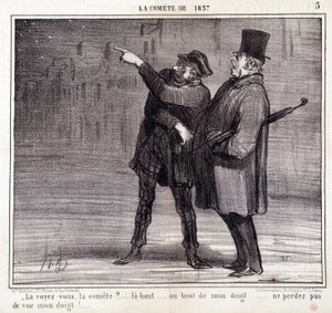 كارتون عن العلم. سلسلة "" كوميت عام 1857 ":" "هل ترى اللجنة؟ ..." لص يصرف انتباه ضحيته. نقش هونور داوميير (1808-1879). مقتطف من جريدة "Le Charivari" 19 آذار / مارس بواسطة الشرف دومييه