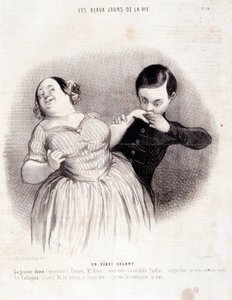 كارتون عن الزوجين. سلسلة "" أيام الحياة الجميلة ":" "بداية شجاعة ..." نقش بقلم Honore DAUMIER (1808-1879). مقتطف من جريدة "Le Charivari" في 10 يوليو بواسطة الشرف دومييه