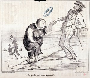 كارتون عن السياح في إجازة. سيري "" Ax Bains de Mer: "" الفيضان الذي أعادها مرعب! نقش هونور داوميير (1808-1879). مقتطف من جريدة "Le Charivari" " بواسطة الشرف دومييه