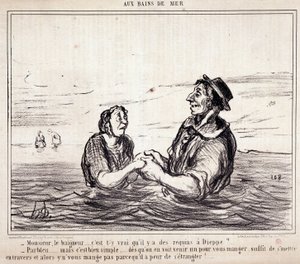 كارتون عن السياح في إجازة. Serie "" aux Bains de Mer "": "" Monsieur le bathneur ... هل صحيح أن هناك أسماك قرش في Dieppe؟ ... "نقش بواسطة Honore DAUMIER (1808-1879). مقتطف من جريدة "Le Charivari" في 8 حزيران (يو بواسطة الشرف دومييه