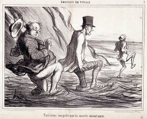 كارتون عن السياح في إجازة. سلسلة "" Ax Bains de Mer: "" عواطف السفر. القبض على الباريسي من قبل ماري الصاعد "". نقش هونور داوميير (1808-1879). مقتطف من جريدة "Le Charivari" في 8 أكتوبر بواسطة الشرف دومييه