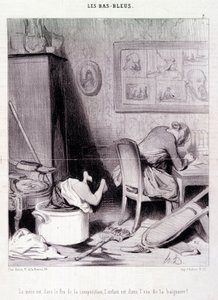 كارتون عن الكاتبات. مسلسل "" Bas Bleus "": "" الأم في نار التكوين ، والطفل في ماء الحمام! "" النقش بواسطة Honore DAUMIER (1808-1879). مقتطف من جريدة "Le Charivari" في 20 فبراير بواسطة الشرف دومييه