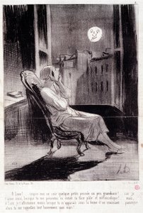 كارتون عن الكاتبات. سلسلة "" Bas Bleus "": "" O! القمر يلهمني الليلة ... "نقش هونور داوميير (1808-1879). مقتطف من جريدة "لو شريفاري" 28 شباط بواسطة الشرف دومييه