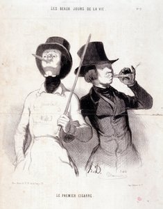 كارتون عن الشباب Dandys. سلسلة "" أيام الحياة الجميلة ":" "السيجار الأول" ". نقش هونور داوميير (1808-1879). مقتطف من جريدة "Le Charivari" بتاريخ 31 ديسمبر 1843 Dim 37x25cm Inv 1089 - box 8 N¡2. مرسيليا ، متحف ال بواسطة الشرف دومييه