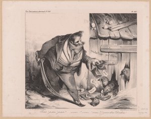 صورة كاريكاتورية لملك فرنسا لويس فيليب الأول كقطاع طرق بيتيتس! بيتيتس! بيتيتس! (...] فينيس دونك ديندونز! (العنوان على العنصر) بواسطة نيكولا لويس ديلونوا
