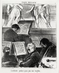 اسكتشات موسيقية: الأوركسترا أثناء عزف التراجيديا. إيضاح هونور دومير (1808-1879) ، نُشر في "Charivari" ، بتاريخ ٥ أبريل ١٨٥٢. بواسطة الشرف دومييه