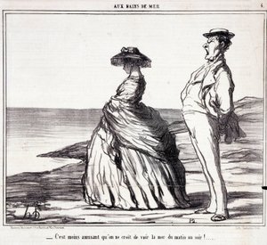 Serie "" Les Bains de Mer "": "" إن رؤية البحر من الصباح إلى المساء أقل متعة مما تعتقد! "" كارتون عن السياح في إجازة. نقش هونور داوميير (1808-1879). مقتطف من جريدة "Le Charivari" 9 سبتمبر بواسطة الشرف دومييه