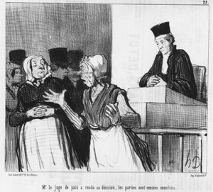 أصدر قاضي الصلح قراره ، ومن المفترض أن يتصالح الطرفان ... رسم كاريكاتوري من قبل Honore Daumier (1808-1879). "شريفاري". بواسطة الشرف دومييه