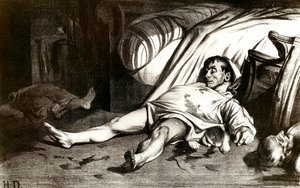 مجزرة شارع ترانسنونين في 14/4/1834 م: المجازر العسكرية لسكان المبنى 12 شارع ترانسنونين بباريس بعد وفاة أحد ضباطهم - مطبوعة حجرية بقلم أونوري دومير (1808-1879) 1837. مجموعة خاصة بواسطة الشرف دومييه