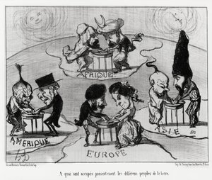 طاولات الدوران (فلومانيا): ما تشغله حاليًا شعوب الأرض المختلفة. توضيح d'Honore Daumier (1808-1879) ، نُشر في الأخبار ، "Charivari" ، بتاريخ 22 يونيو بواسطة الشرف دومييه