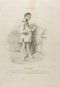 (إنه يقرأ رسالة) "موعد، هل يمكن أن يكون من السيدة جيرو اللطيفة؟ نعم، ولكن يمكن أن يكون أيضاً من زوجها الذي يريد أن يقرصني..."، اللوحة 8 من كوكيتيري بواسطة أونوريه فيكتورين دومييه