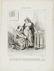 "- وللتفكير في أن برودون لم يكن يريدنا أن نحضر المآدب الاشتراكية.... المسكين لم يحبها أبدًا..... إنه يتجاهل تمامًا أن وجود المرأة هو الذي يجمل الوجود"، لوحة 184 من Actualités بواسطة أونوريه فيكتورين دومييه