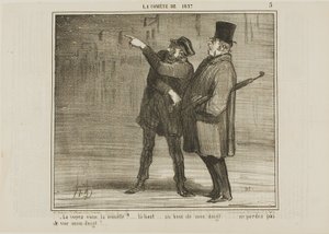 "- هل يمكنك أن ترى المذنب؟ ... هناك، على طرف إصبعي ... لا تغفل عن طرف إصبعي!"، لوحة 5 من كتاب "لا كوميت دي 1857 بواسطة أونوريه فيكتورين دومييه