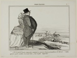 "- لن أفهم أبدًا، كيف من المفترض أن تحسن هذه التمارين من حالة الحصان..... الشيء الوحيد المهم حقًا هو أن يشعر الفارس بالارتياح" لوحة 1 من كروكيس Équestres بواسطة أونوريه فيكتورين دومييه