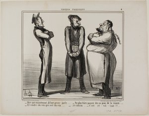 "- لا يصدق... ولكن علينا الآن إعطاء الوزن الدقيق! - ولم يعد بإمكاننا بيع العظام باللحم - ويجب أن يكون النبيذ نبيذًا حقًا! - كلها معًا الآن: إنه أمر مثير للاشمئزاز!"، اللوحة 4 من Croquis Parisiens بواسطة أونوريه فيكتورين دومييه