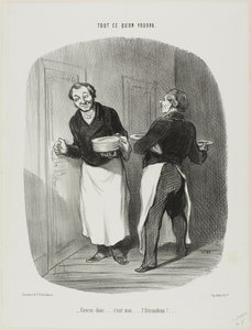 "- Open up..... إنه أنا.... لحم العجل-الحساء!"، اللوحة 17 من Tout Ce Ce on Voudra بواسطة أونوريه فيكتورين دومييه
