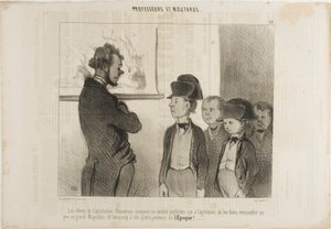 تلاميذ معهد باسكارو يجربون زيهم المدرسي الجديد الذي يجعلهم يشبهون قليلاً نابليون العظيم وكثيراً صبيان الصحف الصغار، لوحة 25 من بروفيسورز إت موتارد بواسطة أونوريه فيكتورين دومييه